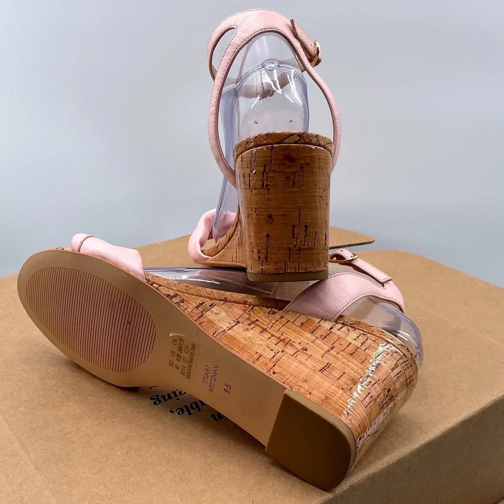 Stuart Weitzman Blush Pink Leather Cork Wedge Sandals Ankle Strap Womens 9.5 B - Picture 4 of 13